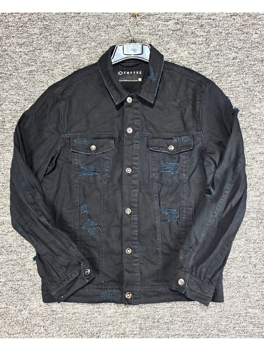 Vtg Empyre Men's Black Jean Jacket Distressed Button Front Pockets Size L
